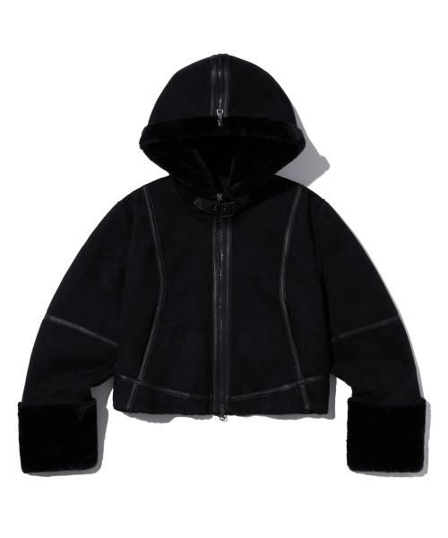 W TAG SHEARING HOOD JACKET - BLACK