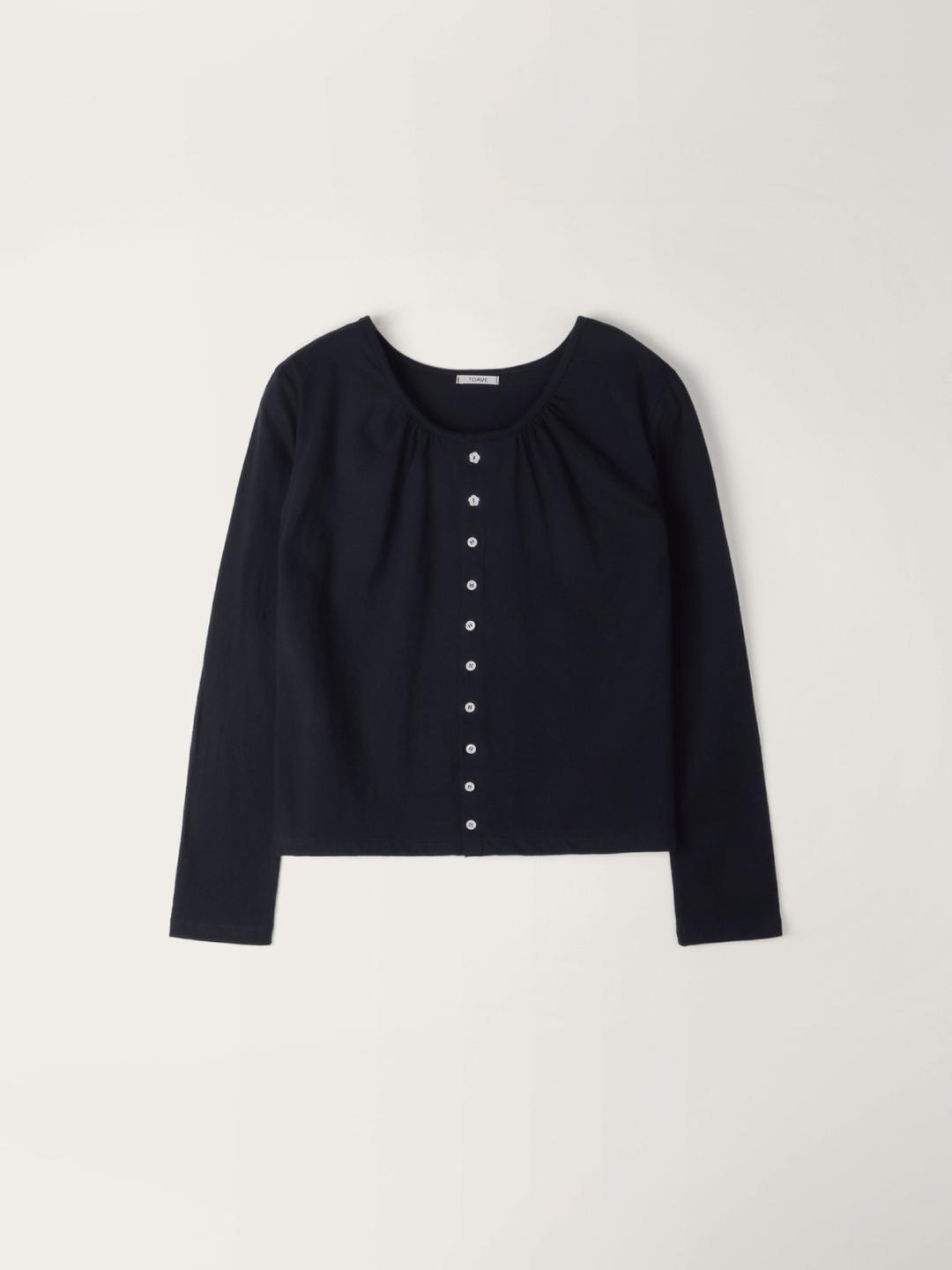 [4차] Floral Button Shirring T-Shirt (Navy)