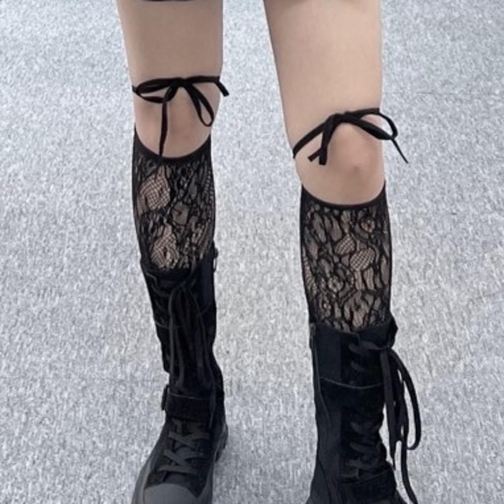 Lace string ribbon knee socks (2color)
