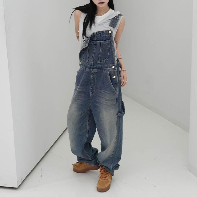 워싱 데님 오버롤 팬츠