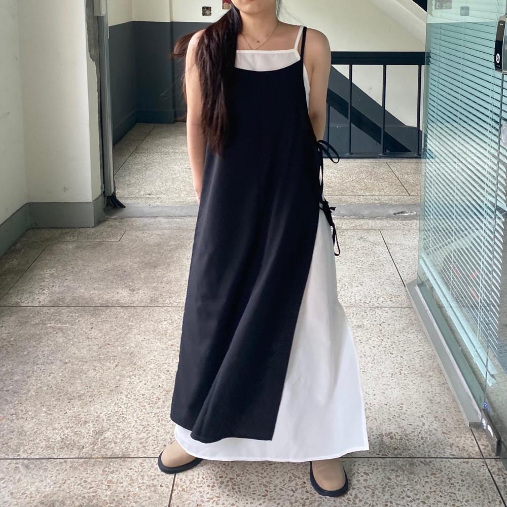 레이어드 민소매 스퀘어넥 여름 편한 끈 나시 투웨이 옆트임 이너 키작녀 롱 블랙 원피스