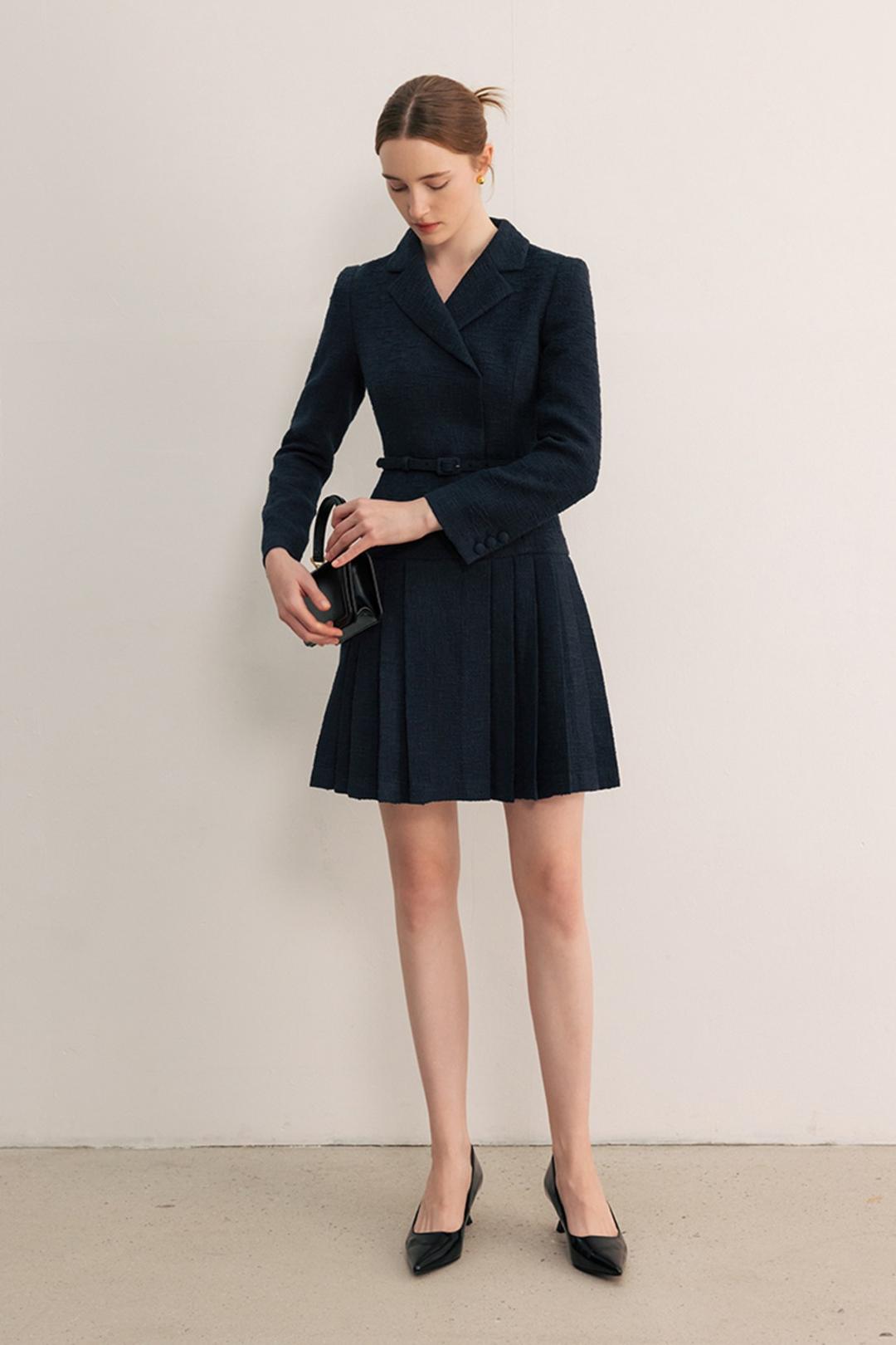BRYN Double breasted pleats tweed mini dress (Deep navy)