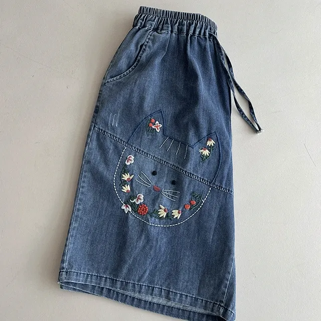 고양이 자수 데님바지