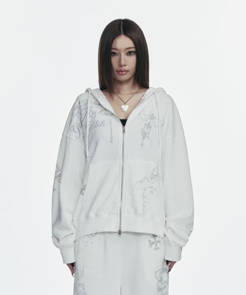 TATTOOED GRAPHIC HOOD ZIP-UP_WHITE
