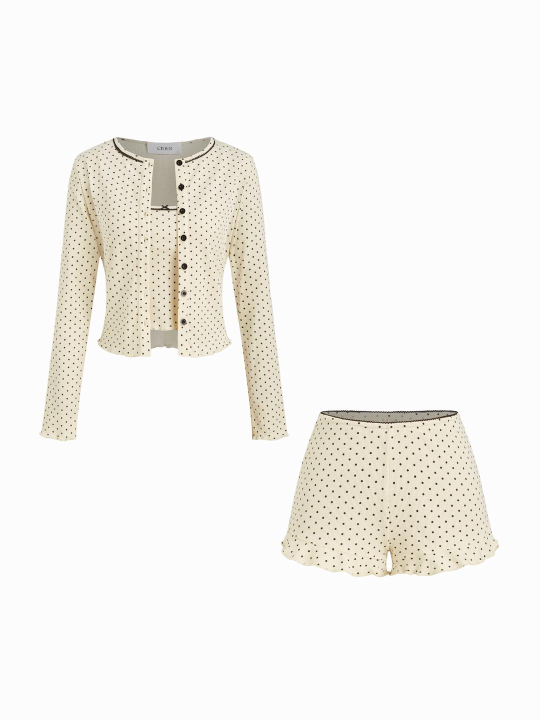 3 Pieces Cotton-blend Polka Dot Long Sleeve Top With Cami Top & Low Rise Lettuce Trim Shorts Loungewear Set