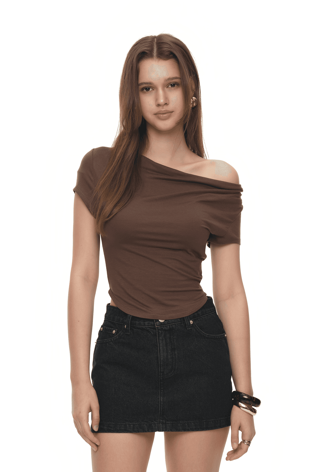 ASYMMETRIC ONE SHOULDER T-SHIRT (BROWN)