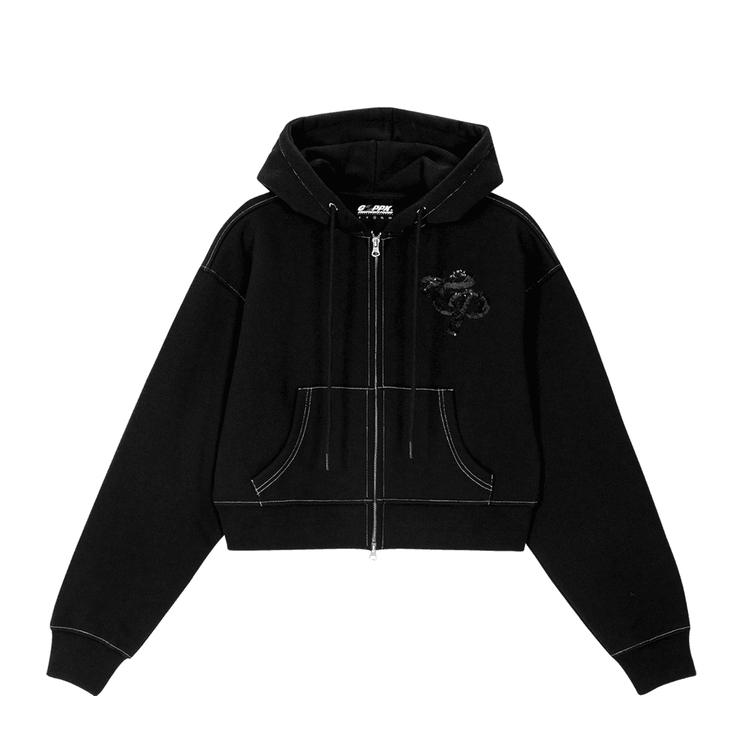 Sequin Logo Cropped Zip-up Hoodie(Women)_Black