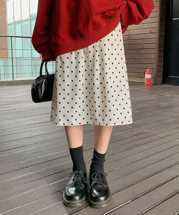 [2컬러🖤] 블로키 도트 미디 스커트  밴딩 스트링 레이어드 A라인 플레어 치마
