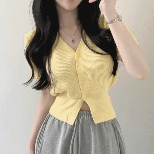 [ 여름ver/허리강조핏! ] 루미스 코튼 크롭 반소매 티셔츠가디건 (8col)