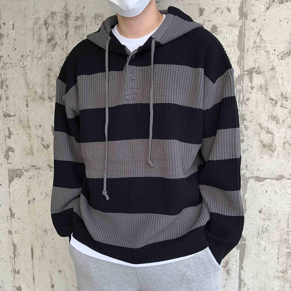 남자 니트 후드티 핸드워머 스트라이프