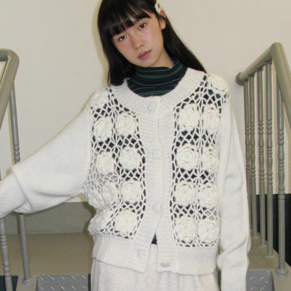 FLOWER CROCHET HANDMADE KNIT CARDIGAN IVORY