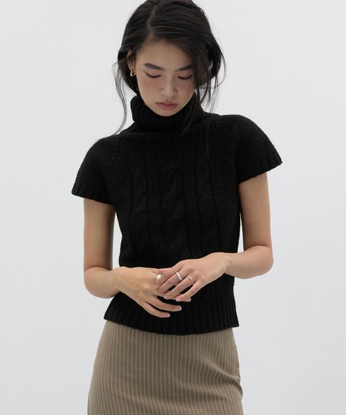 터틀넥 케이블 울 니트 블랙