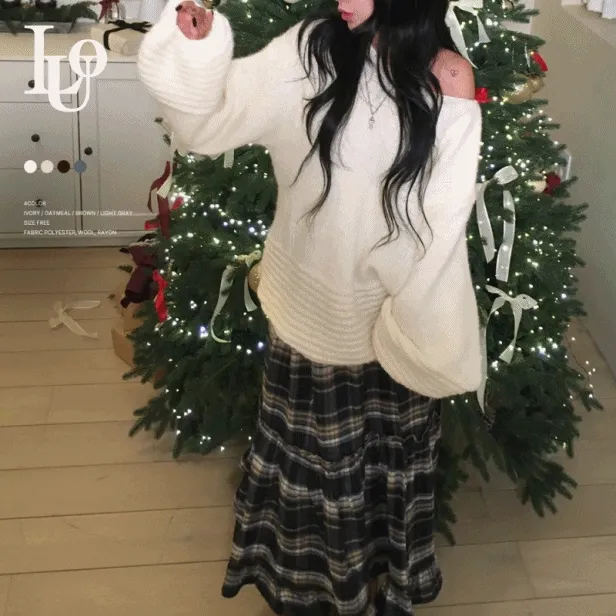 [보트넥&원숄더] 벌룬 퍼프 여리 루즈 폭닥 구르미 니트 (연말룩,데이트룩,데일리룩)