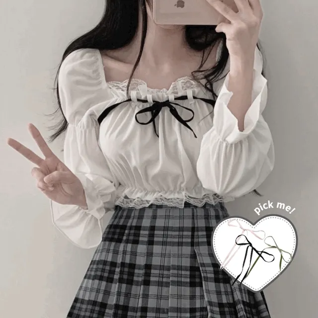 [리본3종류set] Angel frill cropped bl (엔젤 프릴 레이스 크롭 블라우스)