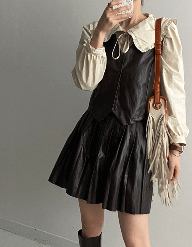 레더 가죽 셋업 플리츠 주름 미니스커트 .A9190 (2color)