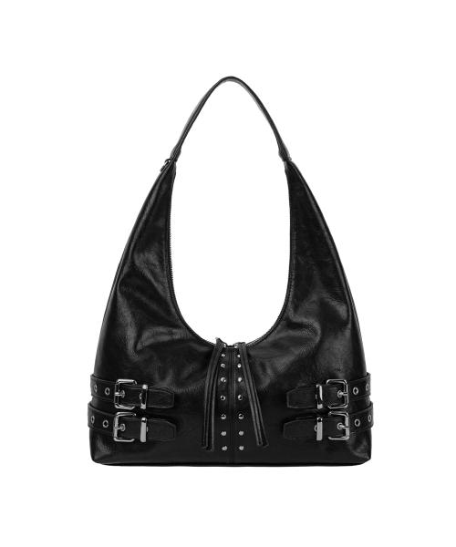 Double-Buckle Stud Shoulder Bag [ Black ]