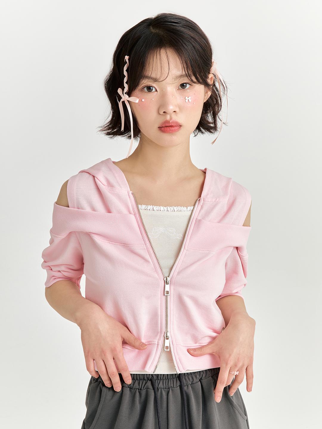 오프숄더 후드집업 - 핑크 (OFFSHOULDER HOOD ZIP UP - PINK / 1차 5월 23일 순차 배송