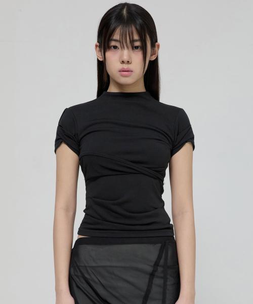 Asymmetrical Draped Mock Neck T-Shirt (FL-126_Black)