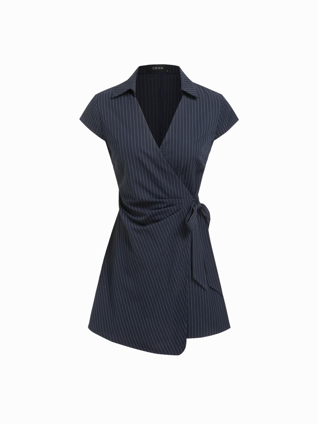 V-neck Striped Wrap Knotted Mini Dress