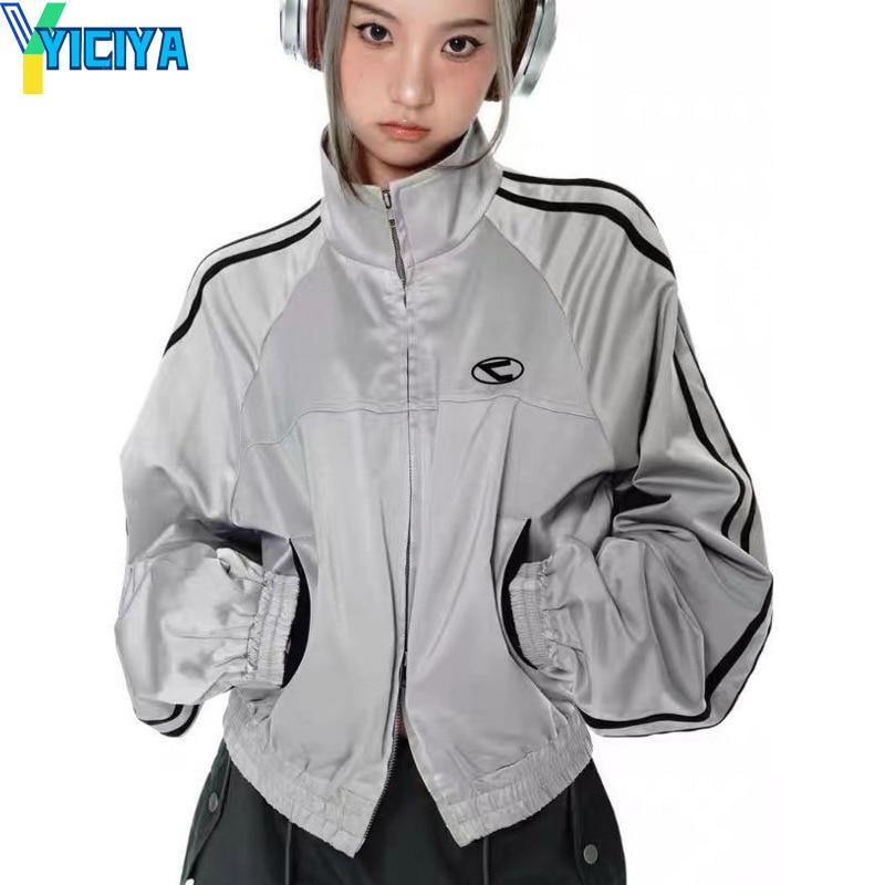 YICIYA-미국 스탠드 칼라 오토바이 자켓 코트 바머 y2k 여성용, 긴 소매 레이싱 코트, 지퍼, 야구 점퍼