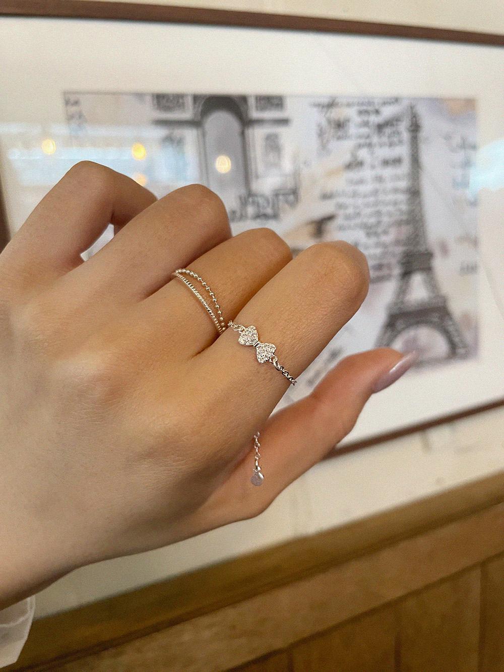 유즈팔레트 [당일] 실버 925 심플 큐빅 리본 체인 반지 프리사이즈링 레이어드링 오픈 실반지 링