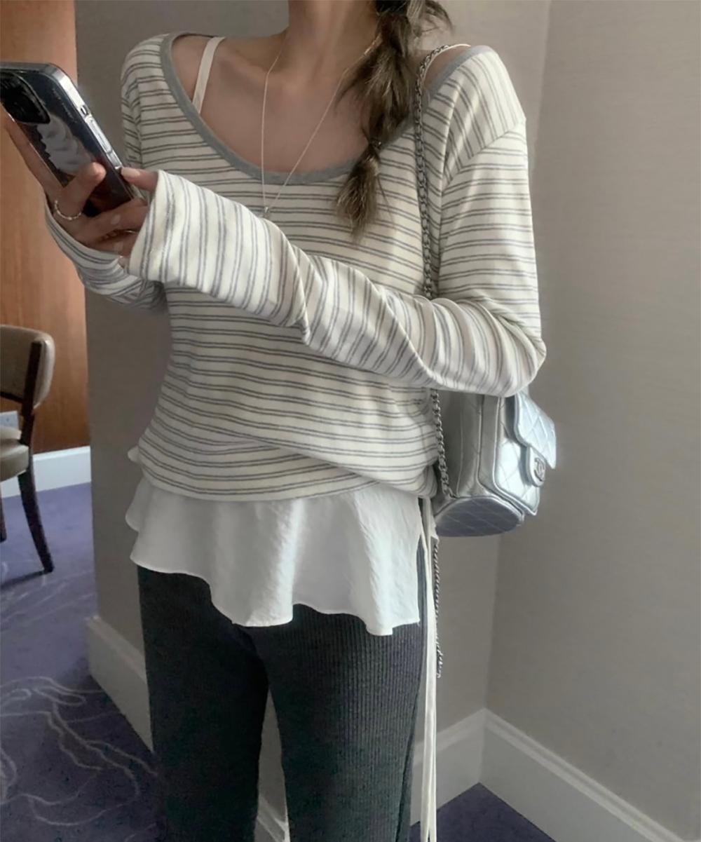 버나뎃 [당일 네이비]멜라운지 스트라이프 유넥 티셔츠 (2col) mellounge