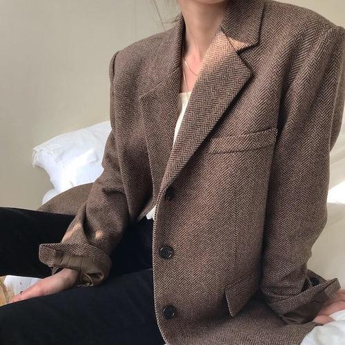 울 헤링본 클래식 자켓 / 블랙, 브라운