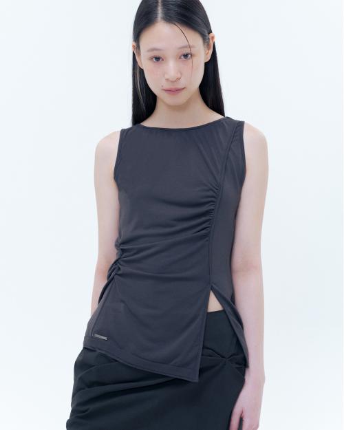 Oblique line shirring sleeveless CHARCOAL