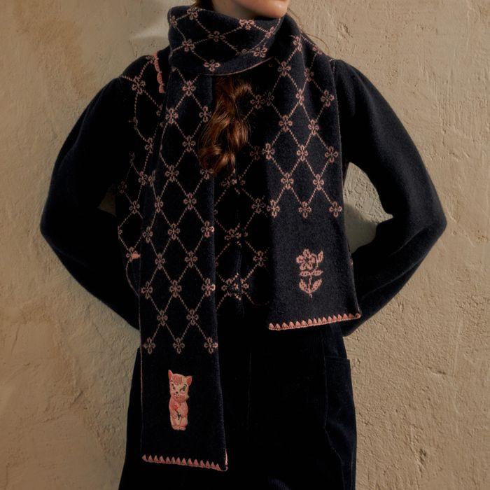 NAT wool embroidery muffler flower katy navy
