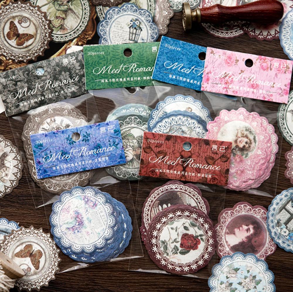 빈티지 고전 여인 원형 레이스 도일리 다꾸 스티커 30매