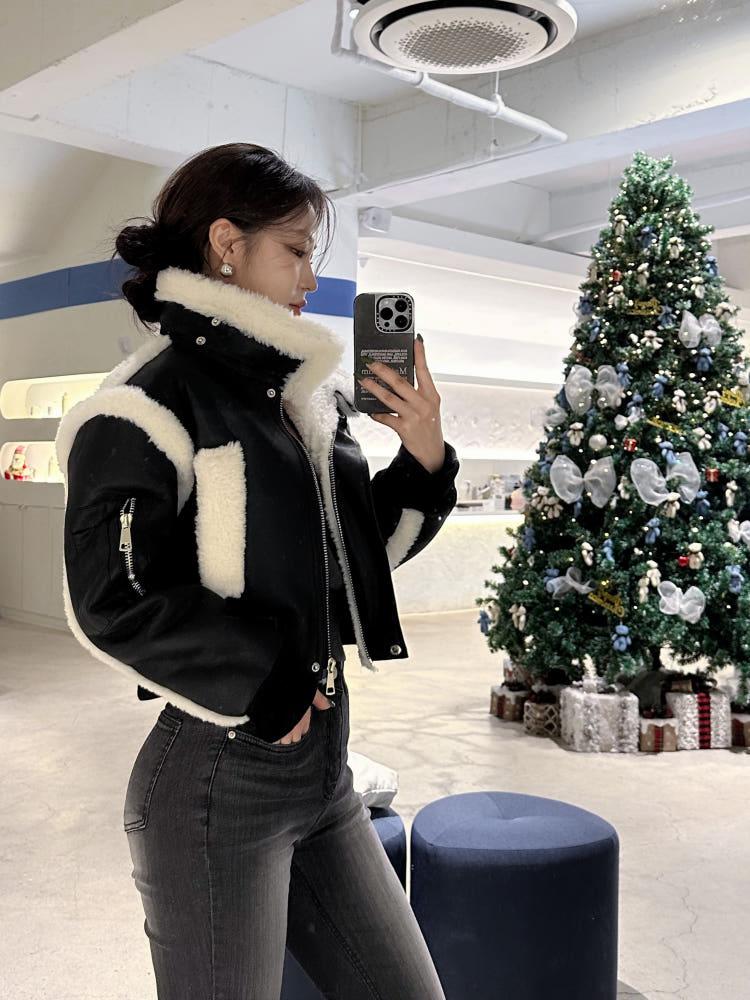 이든 크롭 투웨이 무스탕 점퍼 2col 안감전체 퍼 배색 카라 하이넥 레더 항공 숏