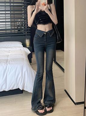 ウエスト折り返しフリンジフレアデニム[ks003]