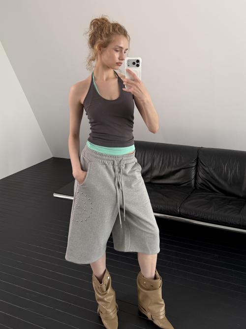 STUD JERSEY BERMUDA PANTS (MELANGE GREY)