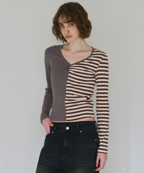 믹스드 패턴 티셔츠 [스트라이프 브라운]