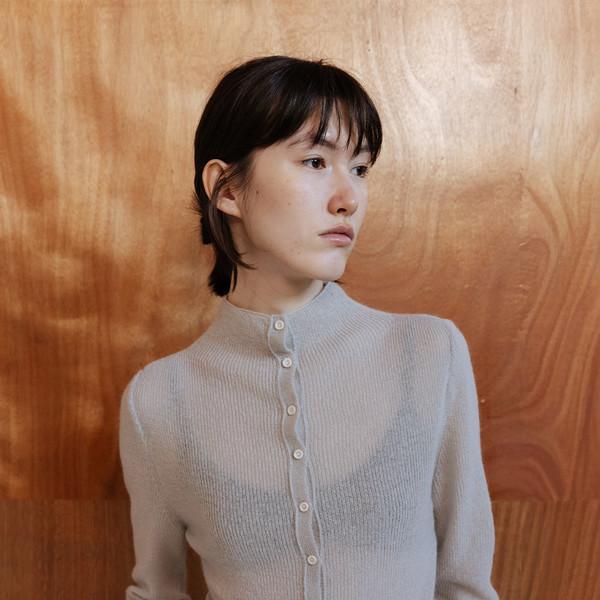 ALPACA BLEND MOCK NECK SLIM KNIT CARDIGAN - SILVER STONE