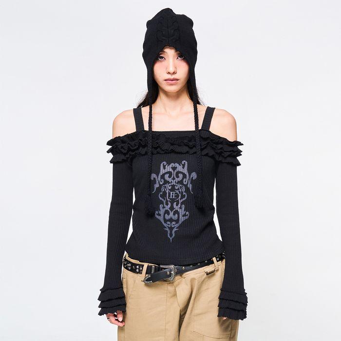 OFF-SHOULDER RUFFLE TOP BLACK