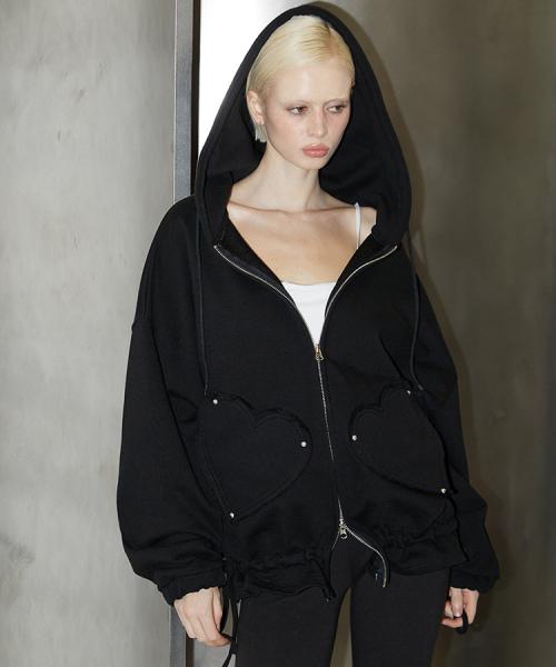 Heart Pocket Hood Zip-up [Black]