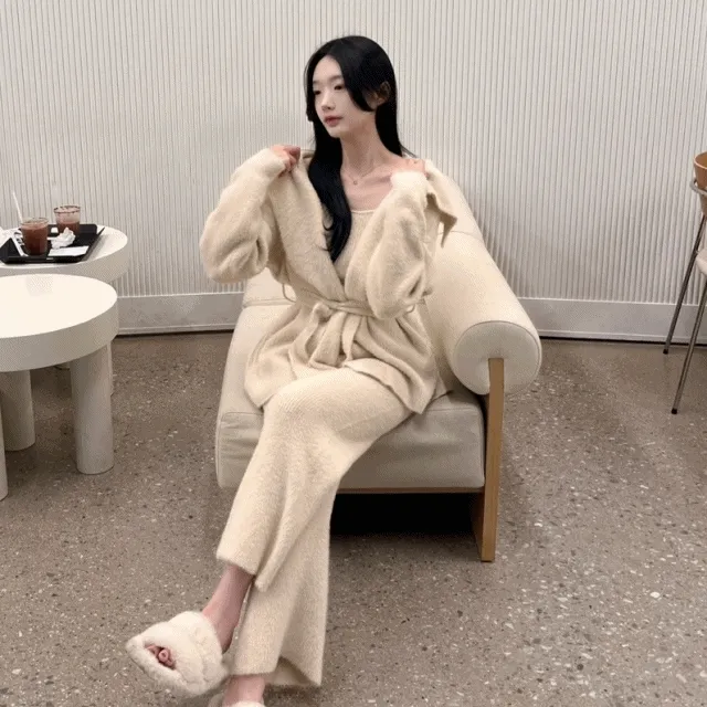 *hot템*[최저가보장] 세트가격/앙고라 퍼 울 쓰리피스 투피스 세트 니트 세일러 가디건 + 나시 탑 + 팬츠 + 벨트 set 고퀄