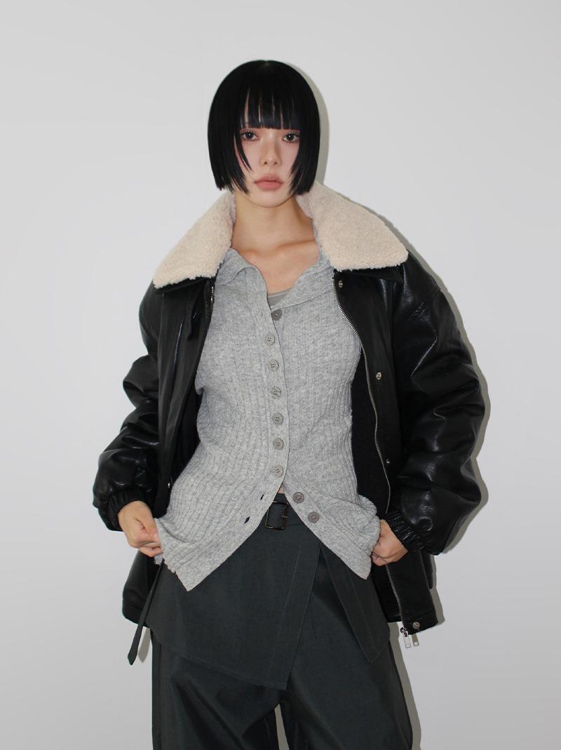 (*당일발송/안감덤블) TEDDY COLLAR LEATHER JACKET (black!)