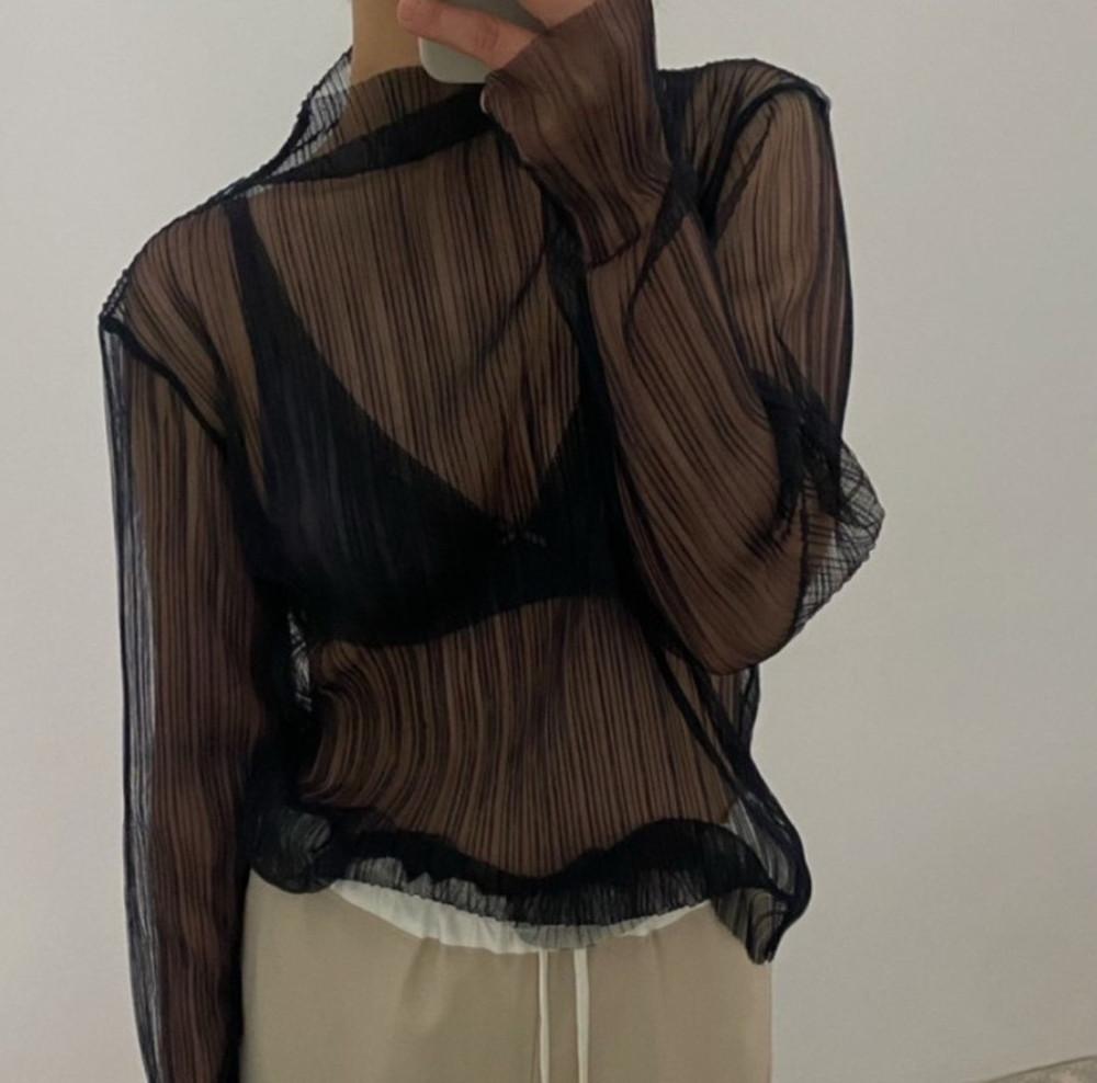 24SS 하이넥 시스루 샤 주름 레이어드 긴팔 티셔츠