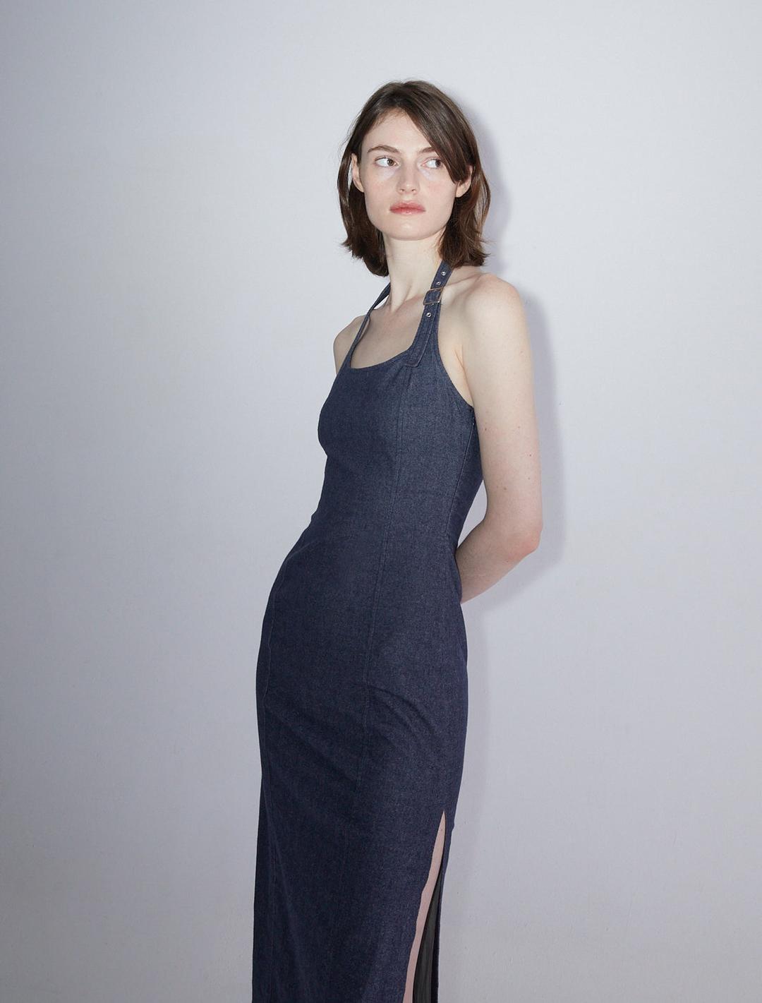 ELENA-Denim effect halter dress with adjustable buckle on the strap