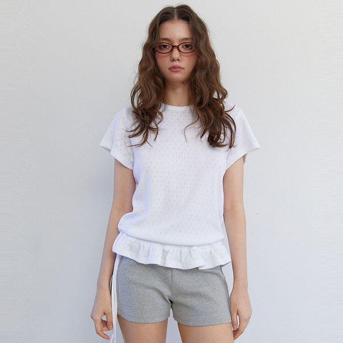 Eyelet Frill Half T-shirt White