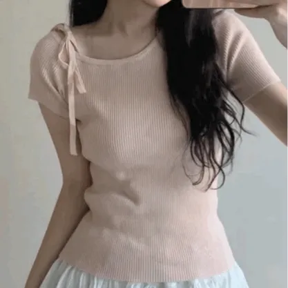 [슬림핏!] 오픈숄더 언발 리본 반팔티 (5color)