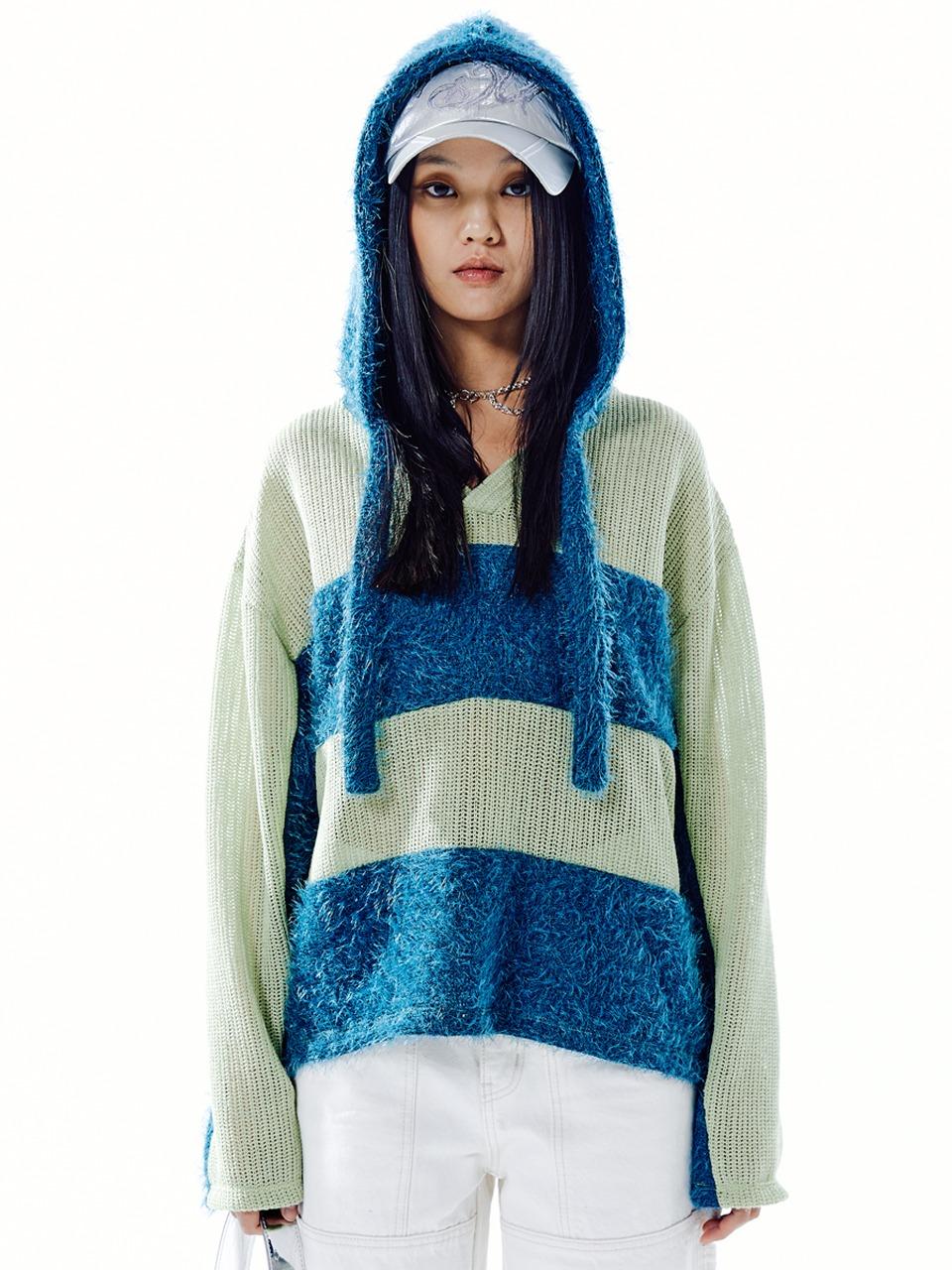 HEBEN STRIPE KNIT HOODIE_TEAL/LIME