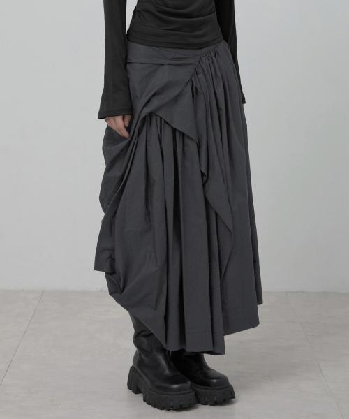 Asymmetrical Draped Layered Long Skirt (FL-256_Charcoal)