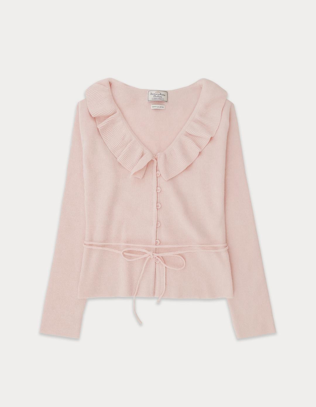 [Release 15%] Ruffle Ribbon Cashmere Cardigan - Pink