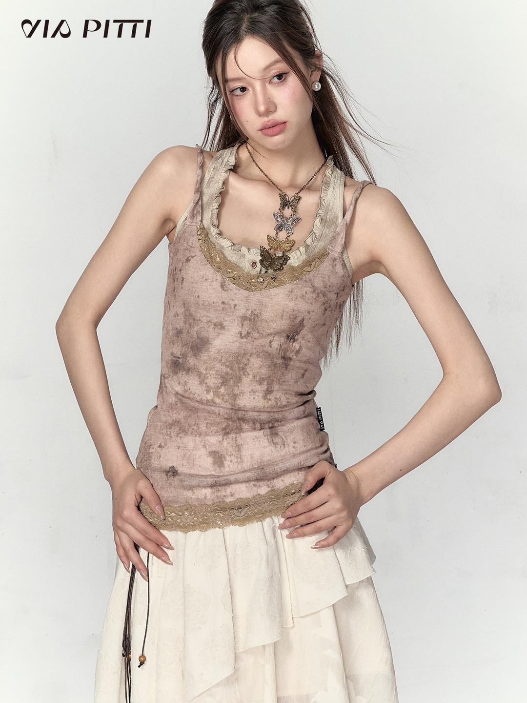 Stain Design Lace Camisole & Short Length Ruffle Tank Top VIA0121