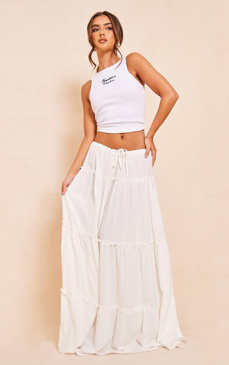 White Cotton Low Rise Drawstring Waist Tiered Maxi Skirt