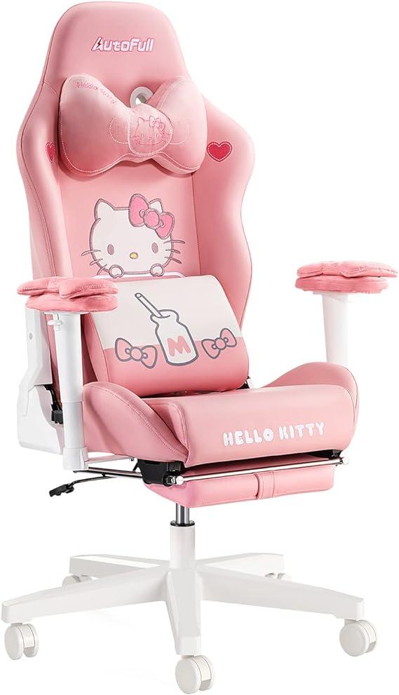 AutoFull C2 Hello Kitty Gaming Chair Comfortable Headrest Durable PU Leather with Ottoman Office Chair Computer Chair Desk Chair Ergonomic Lumbar Support Game Chair Pink