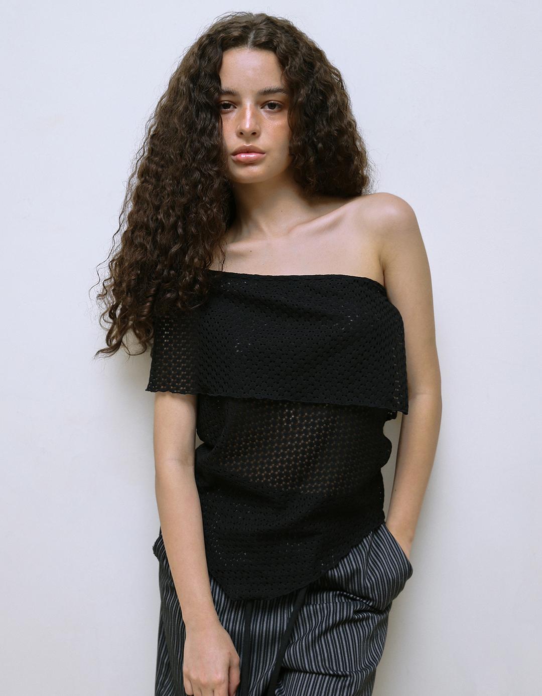 PUNCHED LACE OFF-SHOULDER TOP, BLACK